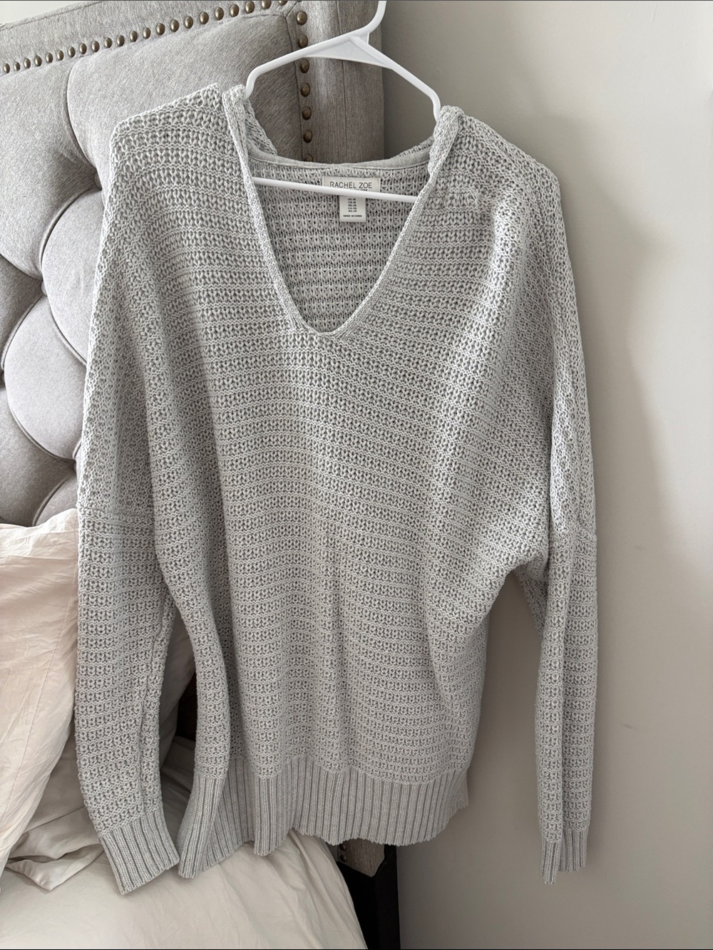 Rachel Zoe Light Gray Open-Knit V-Neck Sweater